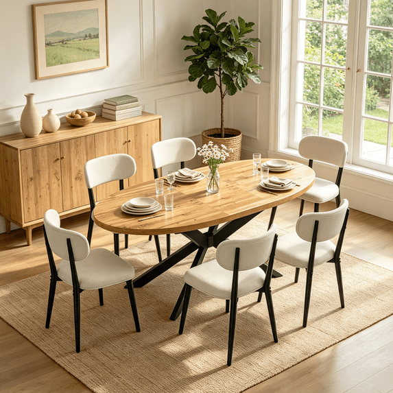 63"-78.7" Extendable Round Dining Table Set for 6, 7 Piece Mid Century ...