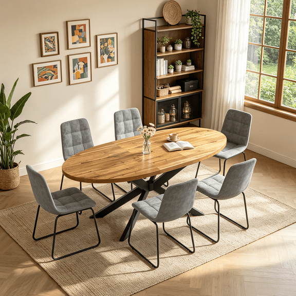 63"-78.7" Extendable Round Dining Table Set for 6, 7 Piece Mid Century Modern Oval Kitchen Table Set, Large Dining Table with 6 Dining Chairs for Living Room Space Saving