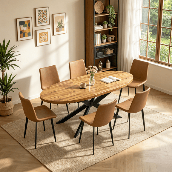 63"-78.7" Extendable Round Dining Table Set for 6, 7 Piece Mid Century Modern Oval Kitchen Table Set, Large Dining Table with 6 Dining Chairs for Living Room Space Saving