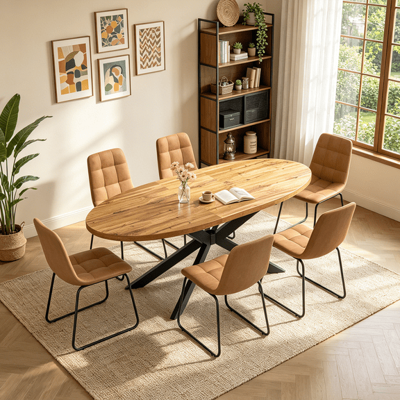 63"-78.7" Extendable Round Dining Table Set for 6, 7 Piece Mid Century Modern Oval Kitchen Table Set, Large Dining Table with 6 Dining Chairs for Living Room Space Saving