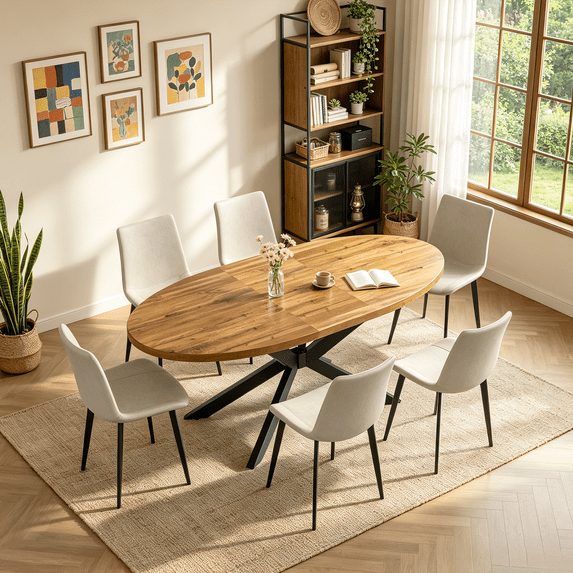 63"-78.7" Extendable Round Dining Table Set for 6, 7 Piece Mid Century Modern Oval Kitchen Table Set, Large Dining Table with 6 Dining Chairs for Living Room Space Saving