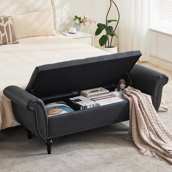 63.78" Bench with Storage Upholstered Tufted Button Window Bench with Safety Hinge Hidden Storage Space Faux Leather Ottoman Bench for Bedroom Living Room Entryway Black