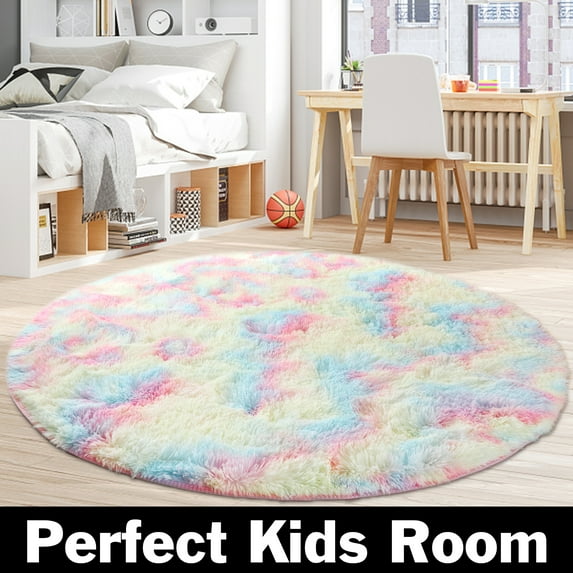 63.78x63.78 inches Round Shag Rug, Circle Rug Fluffy Rug Washable Non Slip Fuzzy Carpet for Girls Bedroom Bathroom Living Room, Rainbow