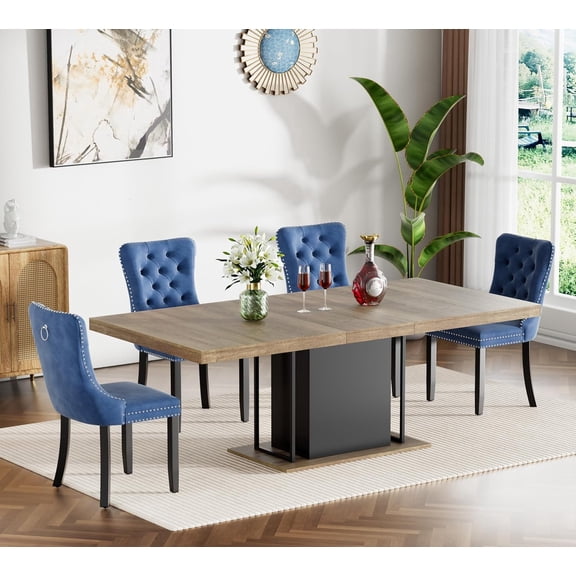 63"-79" Dining Table Set for 4, 5 Pieces Extendable Dining Table and 4 Blue Tufted Chairs Set for 4, Modern Large Expandable Dining Room Table with Rectangle Wood Top & Black Sturdy Base