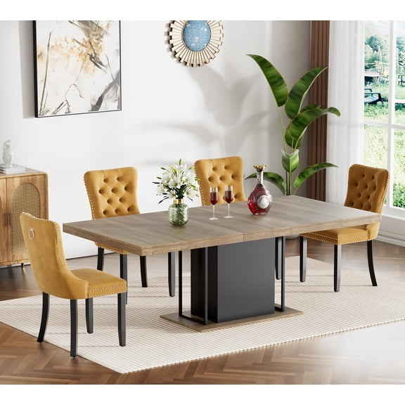 63"-79" Dining Table Set for 4, 5 Pieces Extendable Dining Table and 4 Yellow Tufted Chairs Set for 4, Modern Large Expandable Dining Room Table with Rectangle Wood Top & Black Sturdy Base