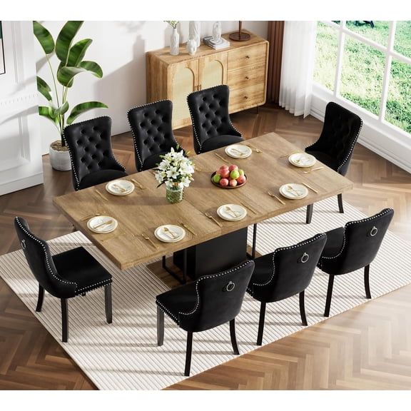 63"-79" Dining Table Set for 8, 9 Pieces Extendable Dining Table and 8 Black Tufted Chairs Set for 8, Modern Large Expandable Dining Room Table with Rectangle Wood Top & Black Sturdy Base