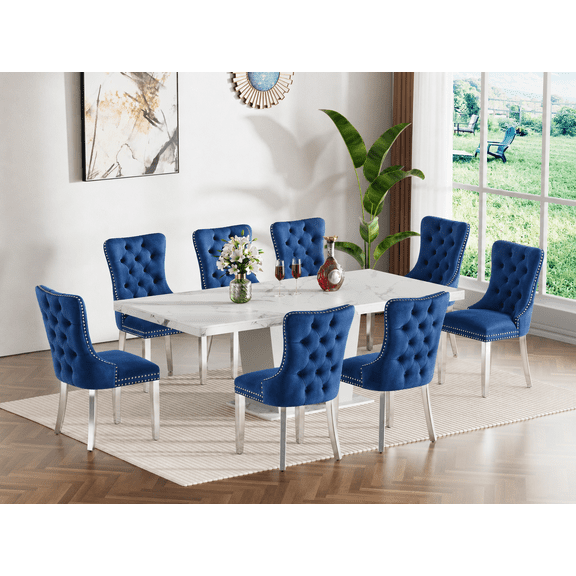 63"-79" Extendable Dining Room Table and Chairs Set for 8, 9 Pieces Faux Marble Kitchen Table Set with 8 Blue Chairs Set, Modern Large Expandable Dinner Table Set with White Double Columns Base