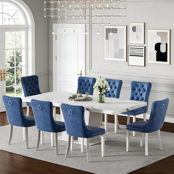 63"-79" Extendable Dining Room Table and Chairs Set for 8, 9 Pieces Faux Marble Kitchen Table Set with 8 Blue Chairs Set, Modern Large Expandable Dinner Table Set with White Double Columns Base