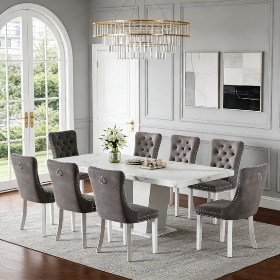 63"-79" Extendable Dining Room Table and Chairs Set for 8, 9 Pieces Faux Marble Kitchen Table Set with 8 Grey Chairs Set, Modern Large Expandable Dinner Table Set with White Double Columns Base