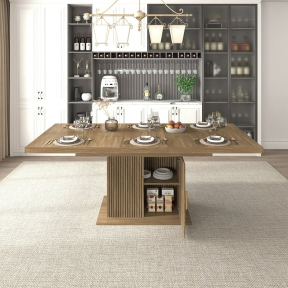 63"-79" Extendable Dining Table for 4-8, Rectangle Kitchen Table with Storage Cabinet and Removable Leaf, Space Saving Expandable Dinner Furniture for Living Room, Brown