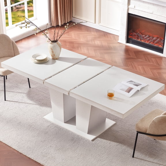 63″–79″ Extendable Round Dining Table for 6-8, Modern Dining Table with Removable Leaves, Kitchen Table with Hidden Space for Kitchen Living Room, White