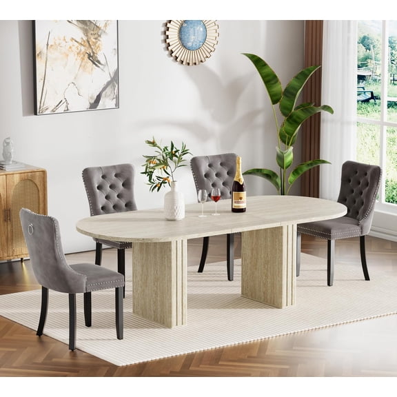63"-79" Travertine Oval Extendable Dining Table Set with 4 Grey Chairs, 5 Piece Expandable Kitchen Table Set for 4 People, Modern Space-Saving Dining Room Table Set with Double Pedestal Base