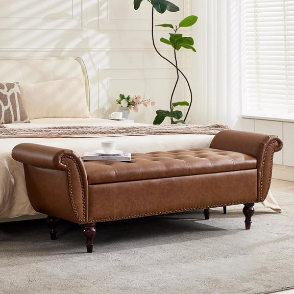 63.8" Faux Leather Storage Bench for Bedroom, Upholstered Ottoman Foot Rest with Rolled Arms, Living Room, Holds Up To 700 Lb, Brown