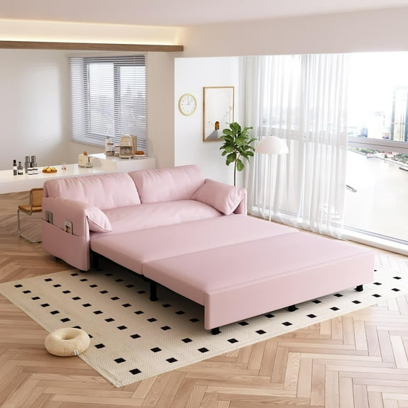 63.8" Sofa Bed Queen Size, Pull Out Couch Bed, 3-in-1 Convertible Sleeper Sofa with Side Pocket, Modern Velvet Futon Couch for Living Room, Small Space, Apartment, Bedroom, Pink