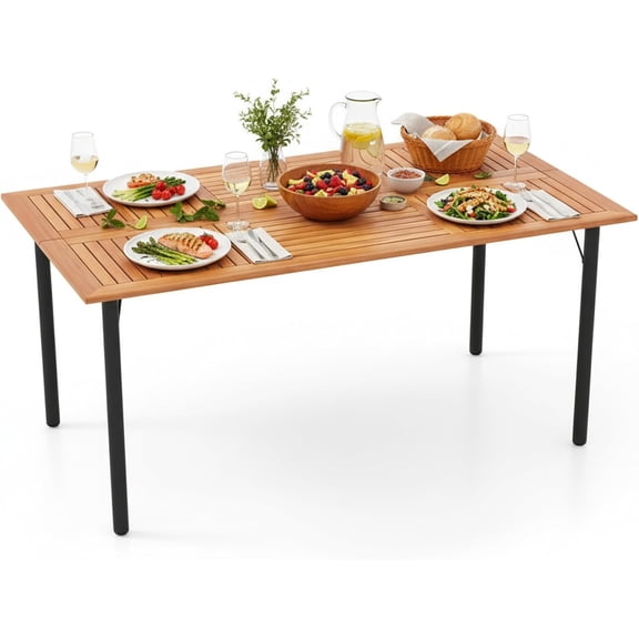 63" Acacia Wood Patio Dining Table for 6, Rectangular 6-Person Outdoor Dining Table with Metal Legs & Umbrella Hole, Indoor Outdoor Dining Furniture for Deck, Garden, Poolside & Backyard