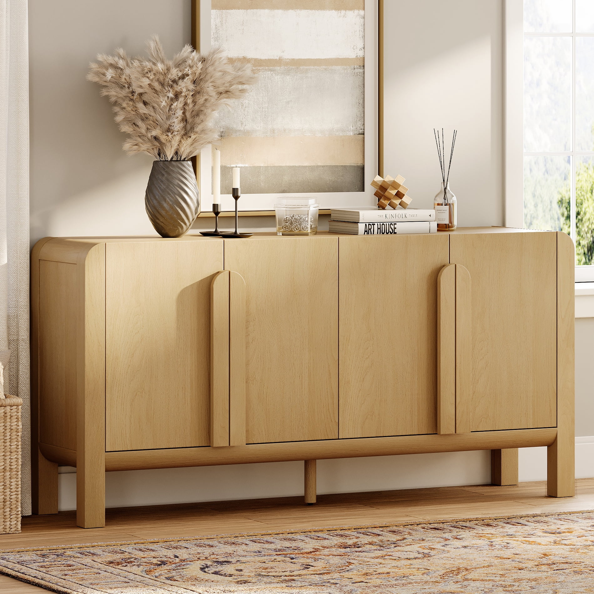 63" Accent Cabinet with 4 Doors and Adjustable Shelves, Modern Credenza Storage Cabinet with Curved Profile Design for Living Room, Kitchen, Dining Room, Hallway