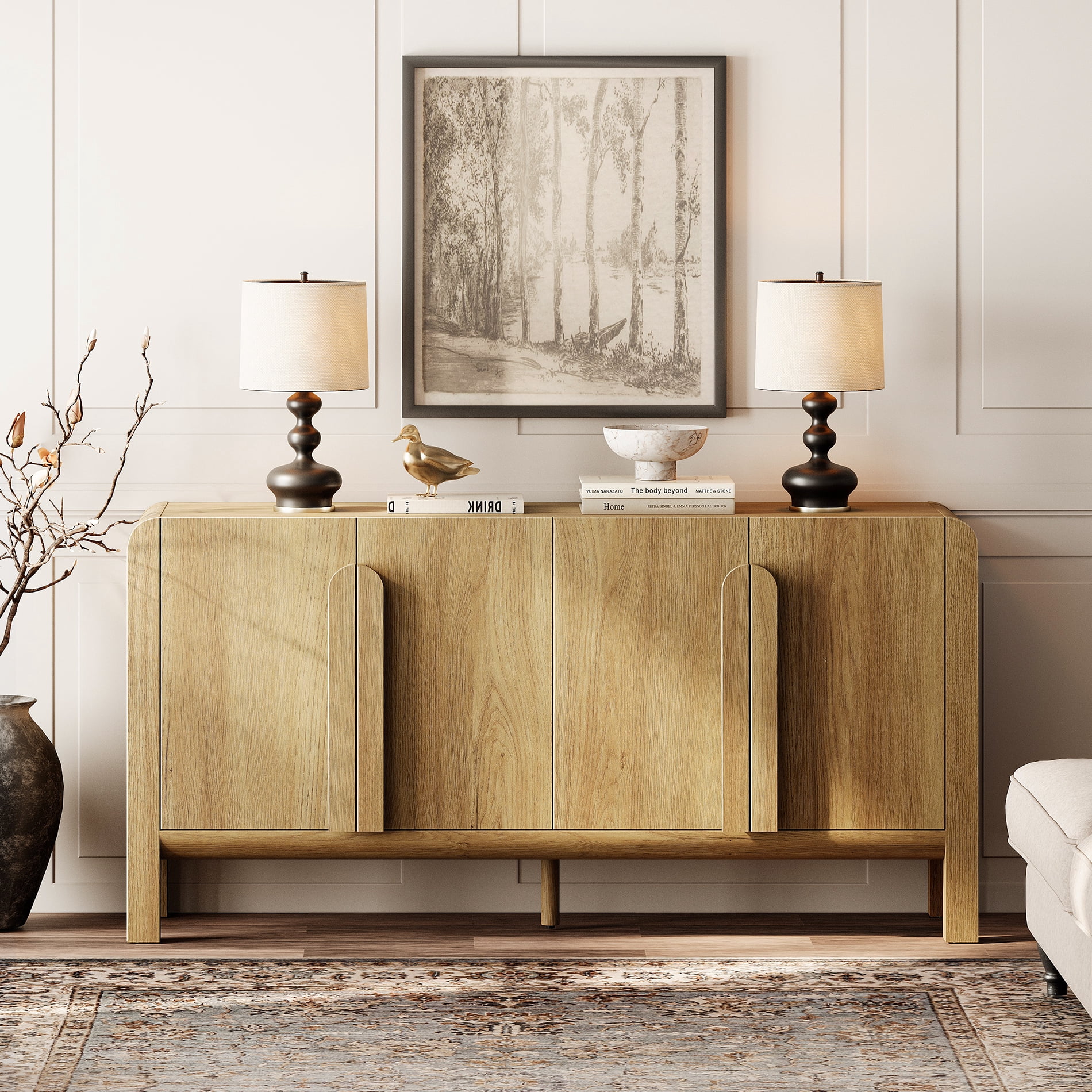63" Accent Cabinet with 4 Doors and Adjustable Shelves, Modern Credenza Storage Cabinet with Curved Profile Design for Living Room, Kitchen, Dining Room, Hallway