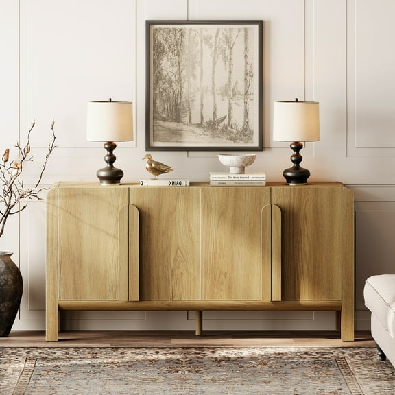 63" Accent Cabinet with 4 Doors and Adjustable Shelves, Modern Credenza Storage Cabinet with Curved Profile Design for Living Room, Kitchen, Dining Room, Hallway