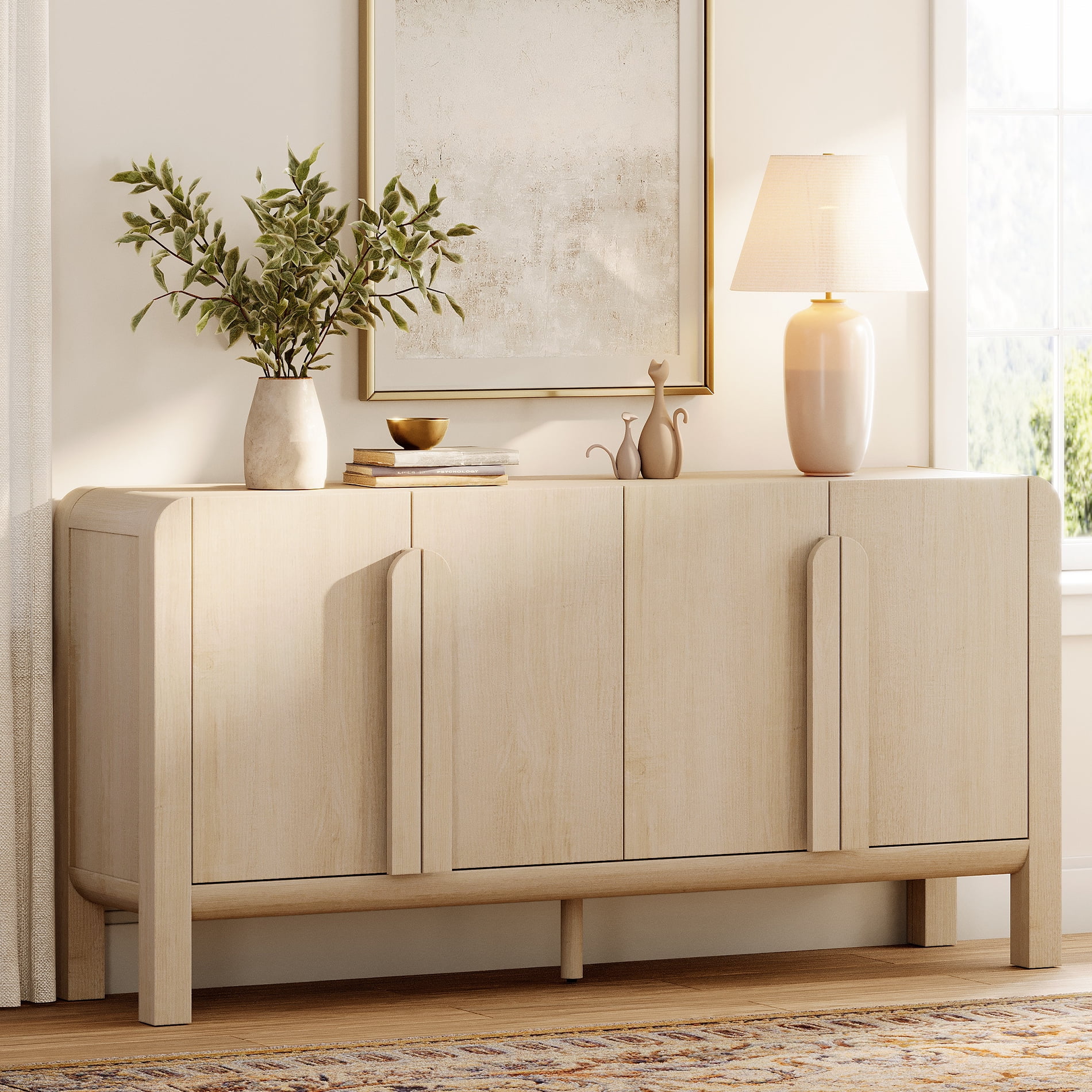 63" Accent Cabinet with 4 Doors and Adjustable Shelves, Modern Credenza Storage Cabinet with Curved Profile Design for Living Room, Kitchen, Dining Room, Hallway