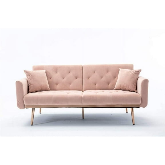 63“Accent Sofa, Mid Century Modern Velvet Fabric Couch， Convertible Futon Sofa Bed ，Recliner Couch Accent Sofa Loveseat Sofa with Gold Metal Feet (Pink)