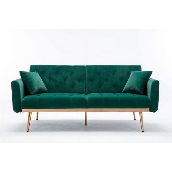 63" Accent Sofa, Mid Century Modern Velvet Fabric Couch, Convertible Futon Sofa Bed ,Recliner Couch Accent Sofa Loveseat Sofa with Gold Metal Feet (Green)