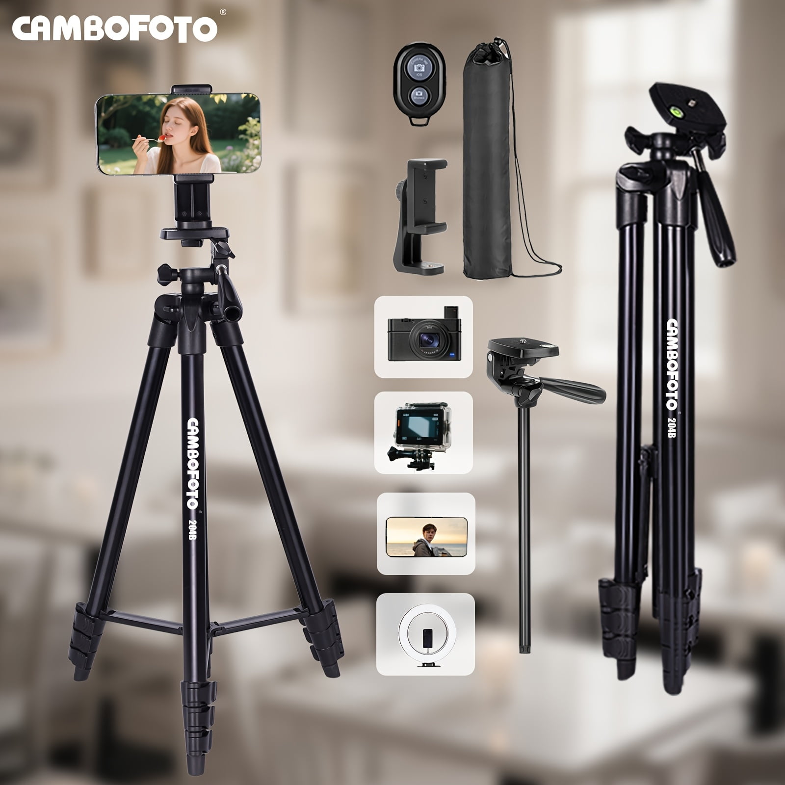 63" Aluminum Tripod with Wireless Remote, Compatible with Mirrorless/Mobile/Action Cameras for Video/Selfie/Live Streaming