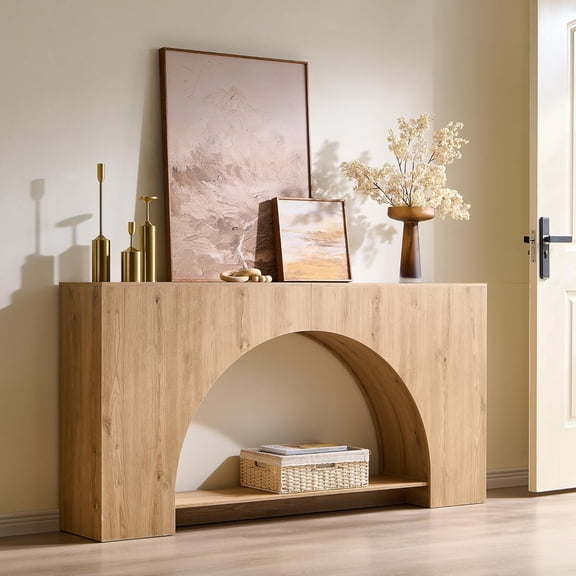 63" Arched Console Table, 2-Tier Modern Entryway Table with Arched Base, Narrow Long Wood Sofa Table Behind Couch Table for Living Room, Hallway, Foyer, Natural