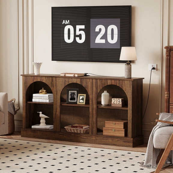 63" Arched TV Stand with Power Outlets & USB - Modern Charging Station Console Table for Entryway & Living Room, 3-Tier Media Console Fits TVs Up to 65-70 Inch, Rustic Brown