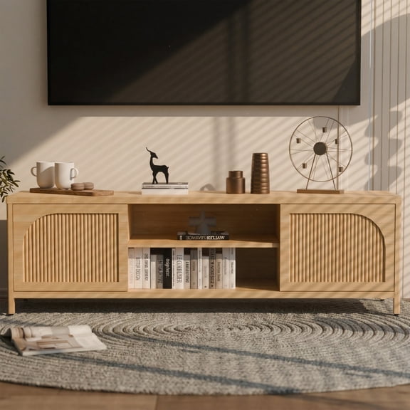 63" Bamboo TV Stand for 70" TV,Entertainment Center with Soft-Close Doors,Adjustable Shelves & Leveling Feet,Family-Friendly Console,Natural