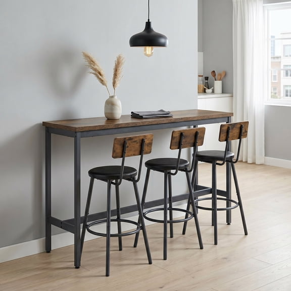 63" Bar Table Set with 3 PU Upholstered Stools, Industrial Kitchen Breakfast Table, Perfect for Game Night, Watch Party & Hosting Guests, Rustic Brown