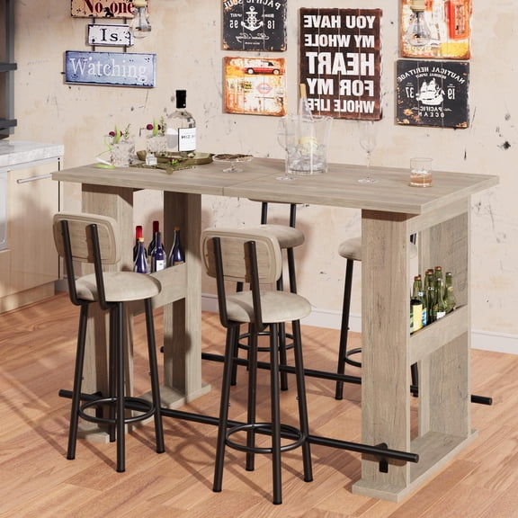 63" Bar Table, Wooden Home Coffee Bar Unit with Storage, Farmhouse Counter Height Pub Table with Metal Footrest for Kitchen Dining Room Bistro Living Room, Grey