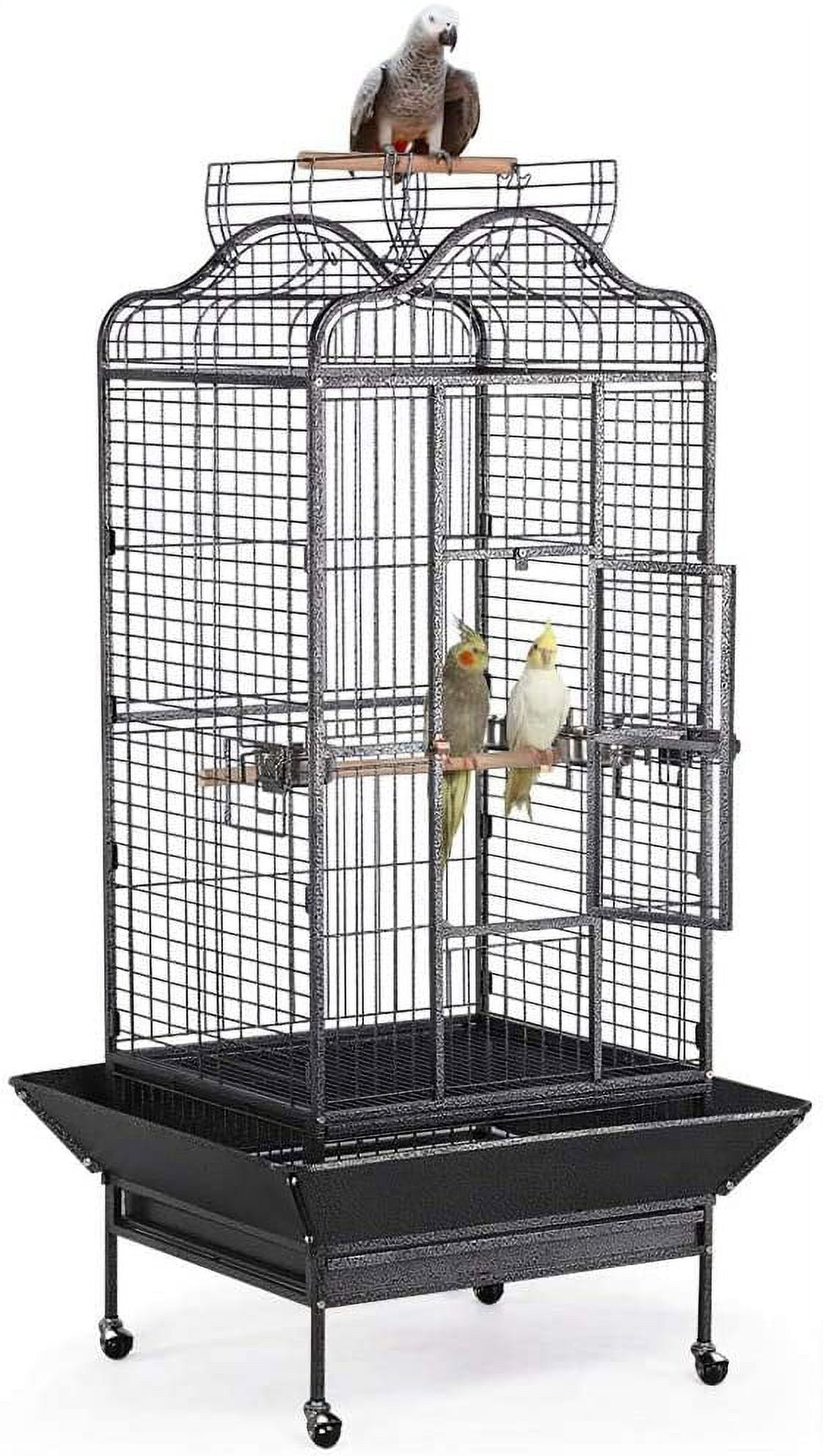 Image showcasing 63'' Bird Cage with Stand Wrought Iron Rolling Open Play Top Large Bird ...