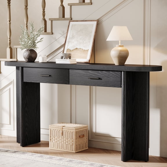 63" Black Console Table with 2 Drawers, Modern Curved Entryway Table with Storage, Narrow Sofa Table for Hallway, Living Room, Entrance