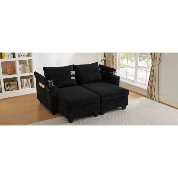 63" Black Corduroy Convertible Chaise Lounge Sofa Bed with USB Ports, Cup Holders & Storage - Modern Sleeper Loveseat for Living Room, Bedroom