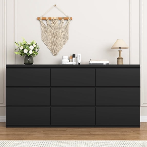 63” Black Dresser with 9 Drawers, Modern Horizontal Chest of Drawers, Large Multi-Functional Storage Cabinet,Modern Dresser for TV Stand, Living Room Office, Hallway