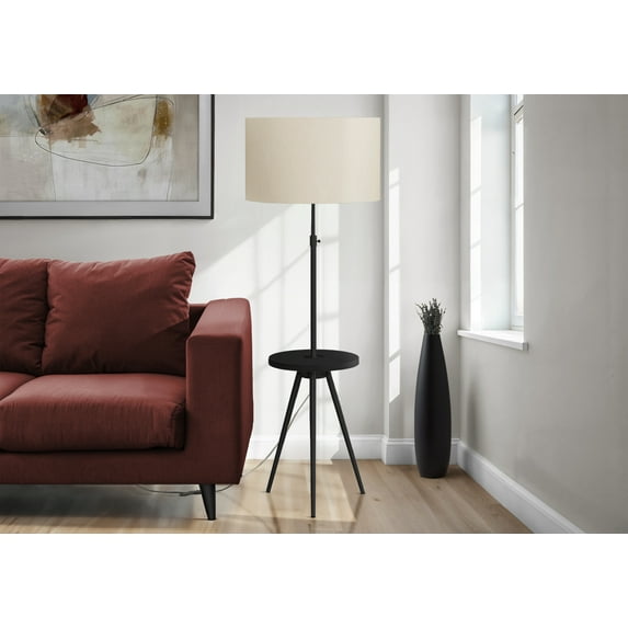 63" Black Metal Floor Lamp with Ivory Shade - Adjustable Height Tripod Design & Built-In Shelf, 3-Way Switch for Living Room & Bedroom