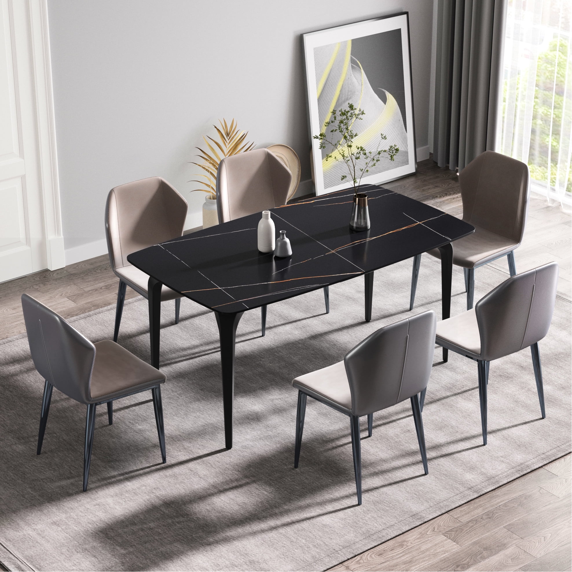63" Black Sintered Stone Dining Table - Metal Legs, 6, Material, Heatproof & Easy To Wipe Clean ...