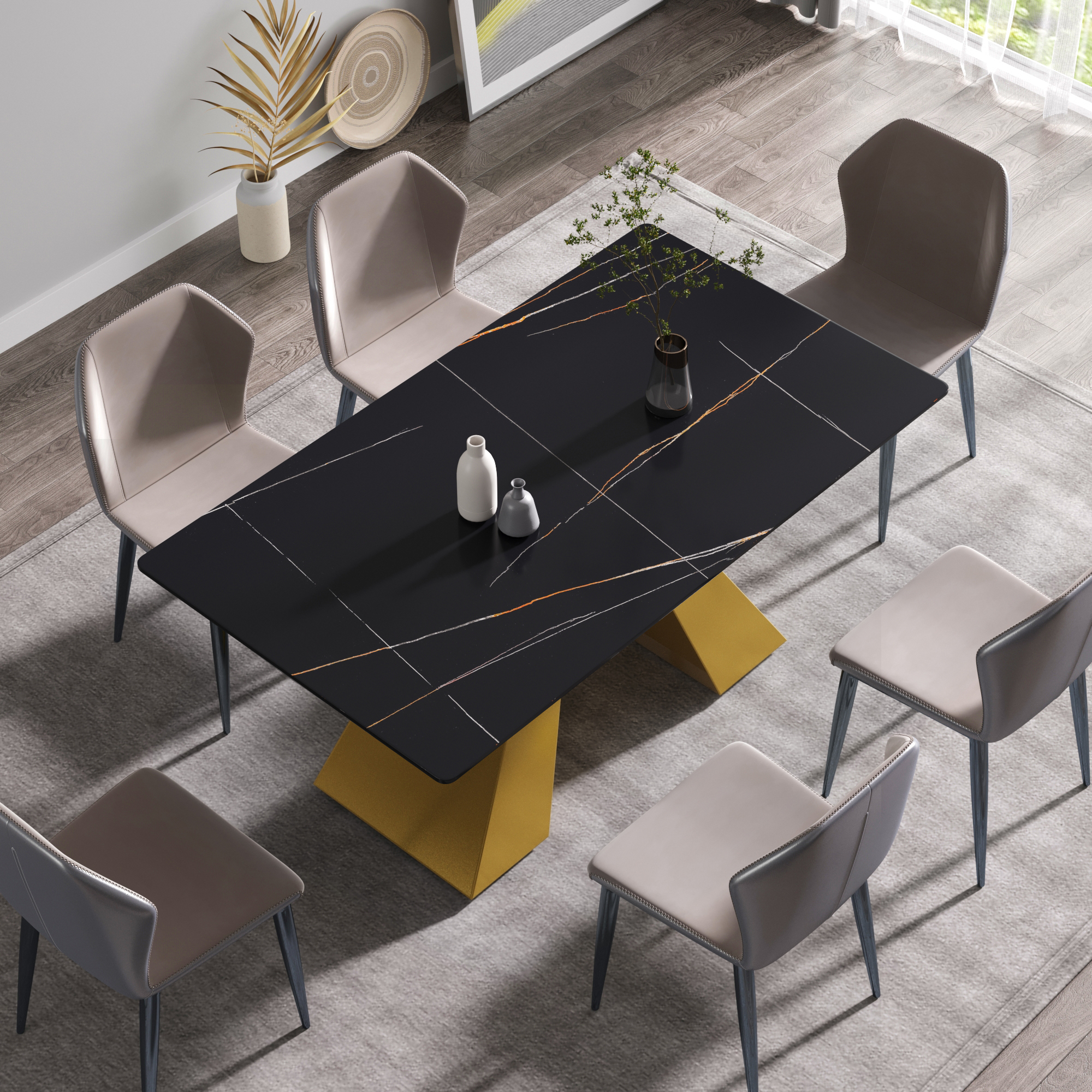 63" Black Sintered Stone Dining Table for 6 People - Modern Rectangular ...