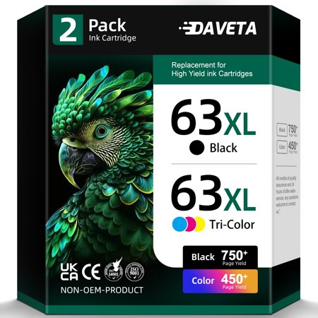 63 Black/Tri-color Ink Cartridge Compatible for HP 63 63XL Ink Cartridge, (2 pack)