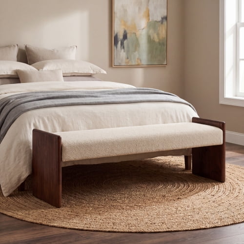 63" Boucle Upholstered Decorative Ottoman Bench, Solid Rubber Wood Side Panel Frame Accent Bench, Minimalist Long Ottoman for Bedroom Entryway Living Room, Light Camel