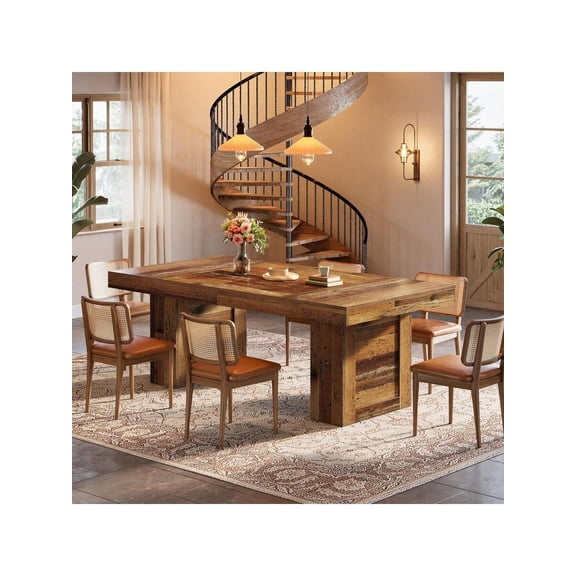 63 Brown Farmhouse Dining Table For 6, Rectangle Wooden Table With Heavy-Duty Legs, Rustic Indoor Dining Room Furniture