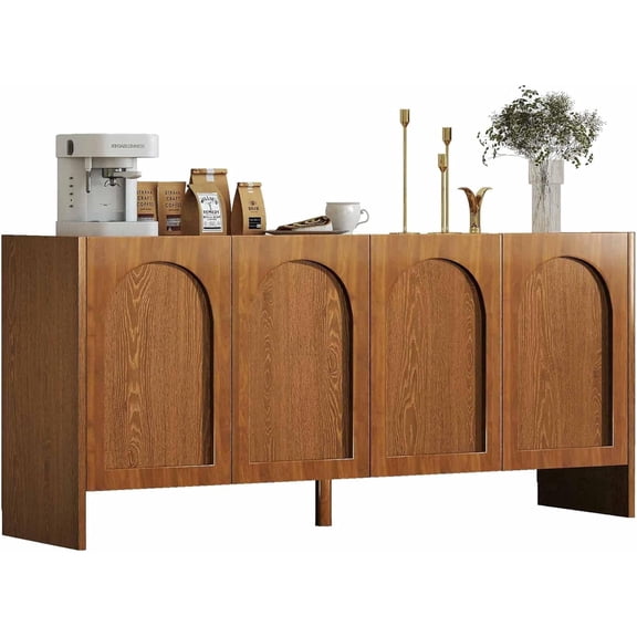 BFJDM 63" Solid Wood Buffet Cabinet with Arched Doors, 3 Adjustable Shelves Storage Sideboard for Living Room, Brown