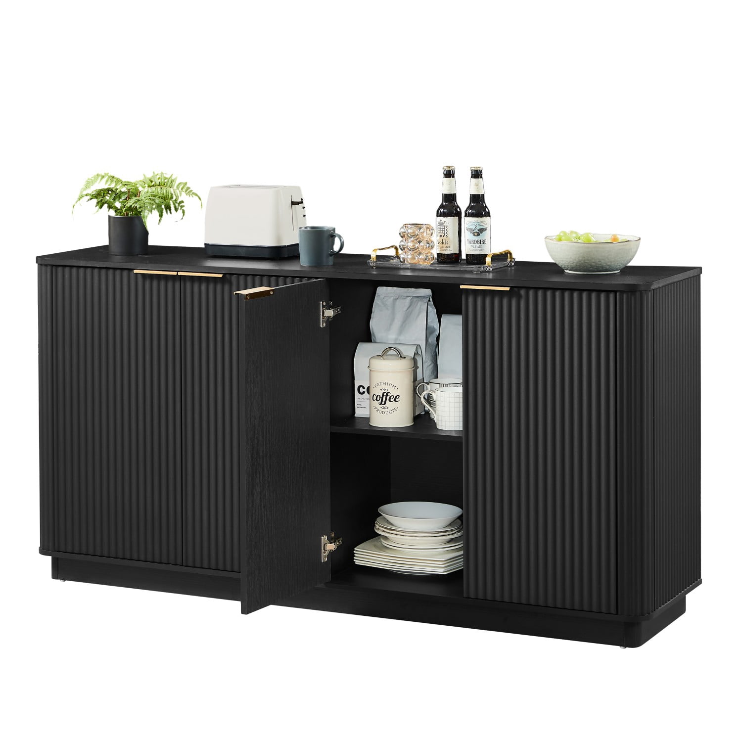 63" Buffet Cabinet with Storage, Black Sideboard Cabinet with 4 Doors, Curved Wave TV Stand Credenza Console Cabinet for Living Room, Dining Room, Bedroom, Hallway