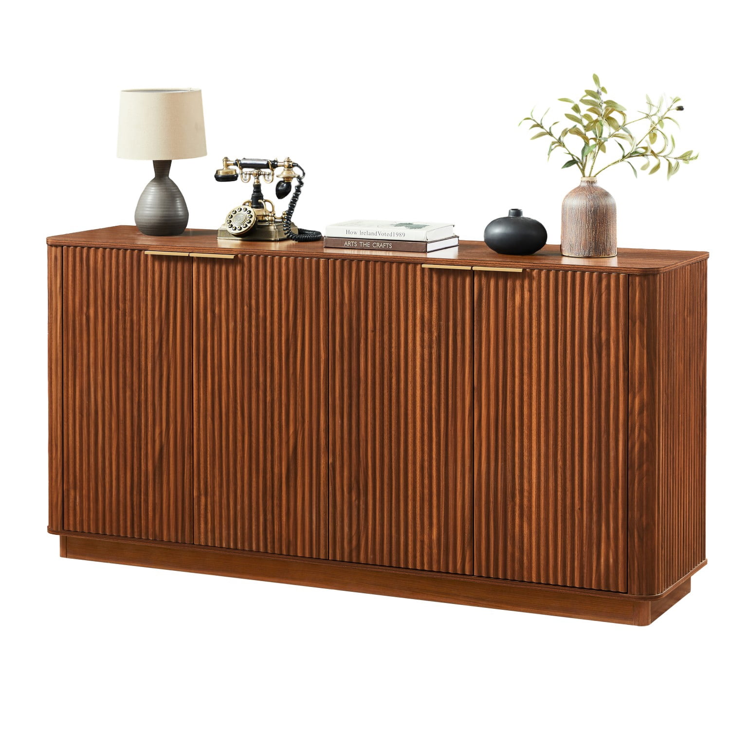 63" Buffet Cabinet with Storage, Walnut Sideboard Cabinet with 4 Doors, Curved Wave TV Stand Credenza Console Cabinet for Living Room, Dining Room, Bedroom, Hallway