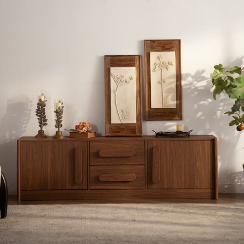 63" Buffet Sideboard Cabinet with 2 Doors & 2 Drawers, Soft-Close Hinges and Silent Slide Drawers, MDF Storage Credenza Console for Living Room, Dining Room, Entryway, Walnut Brown