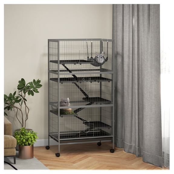 63" Cage Rolling Small Animal , Chinchilla Cage with Hammock & 6 Doors