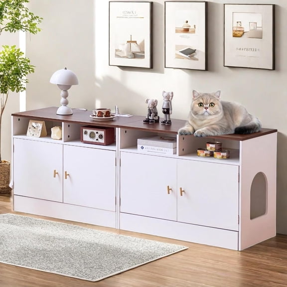 63" Cat Litter Box Enclosure for 2 Cats, TV Stand with Storage & Outlet, Double Hidden Litter Box Furniture Cabinet, White & Walnut