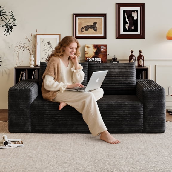 63" Cloud Loveseat Boneless Sofa Couch in a Box, No Assembly Required 2 Seater Foam Compression Couches, Modern Living Room Floor Sofa Couch Corduroy Small Love Seat,Black