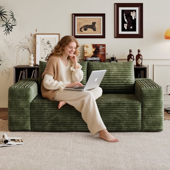 63" Cloud Loveseat Boneless Sofa Couch in a Box, No Assembly Required 2 Seater Foam Compression Couches, Modern Living Room Floor Sofa Couch Corduroy Small Love Seat,Green