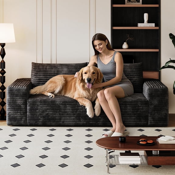 63" Cloud Loveseat Sofa Couch,Gifts for Women Men,No Assembly Required 2 Seater Foam Floor Couches, Modern Apartment Deep Seat Sofas with Corduroy Fabric,Small Love Seat,Black